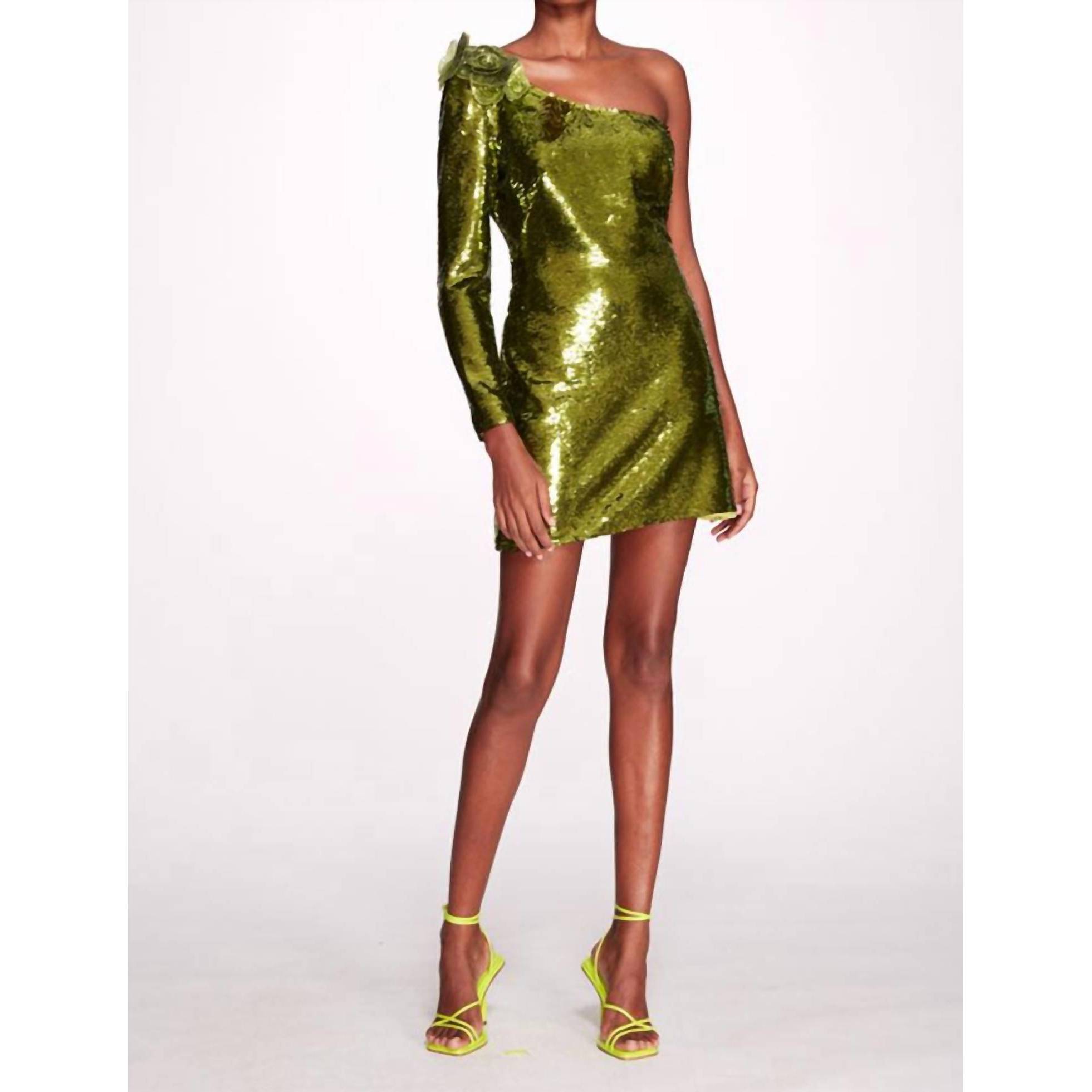 New Marchesa One Shoulder Sequin Cocktail Dress In Chartreuse